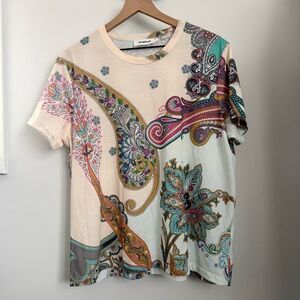 Desigual XL Popasley Pastel Tee Cream Baby Blue Floral Boho Colorful Preppy